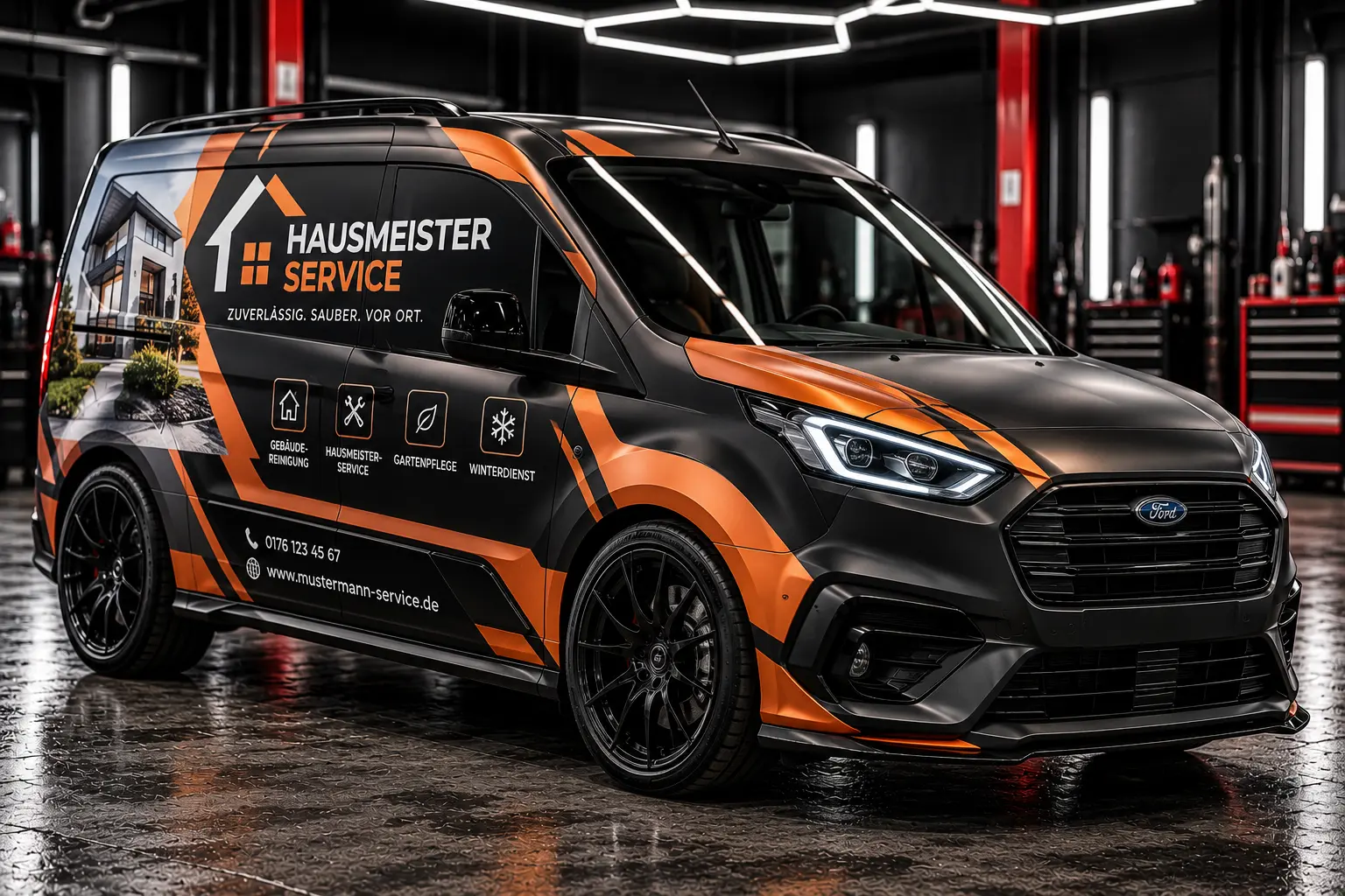 Symbolbild: Transporter mit schwarz-oranger Firmenfolierung in dunkler Werkstatt