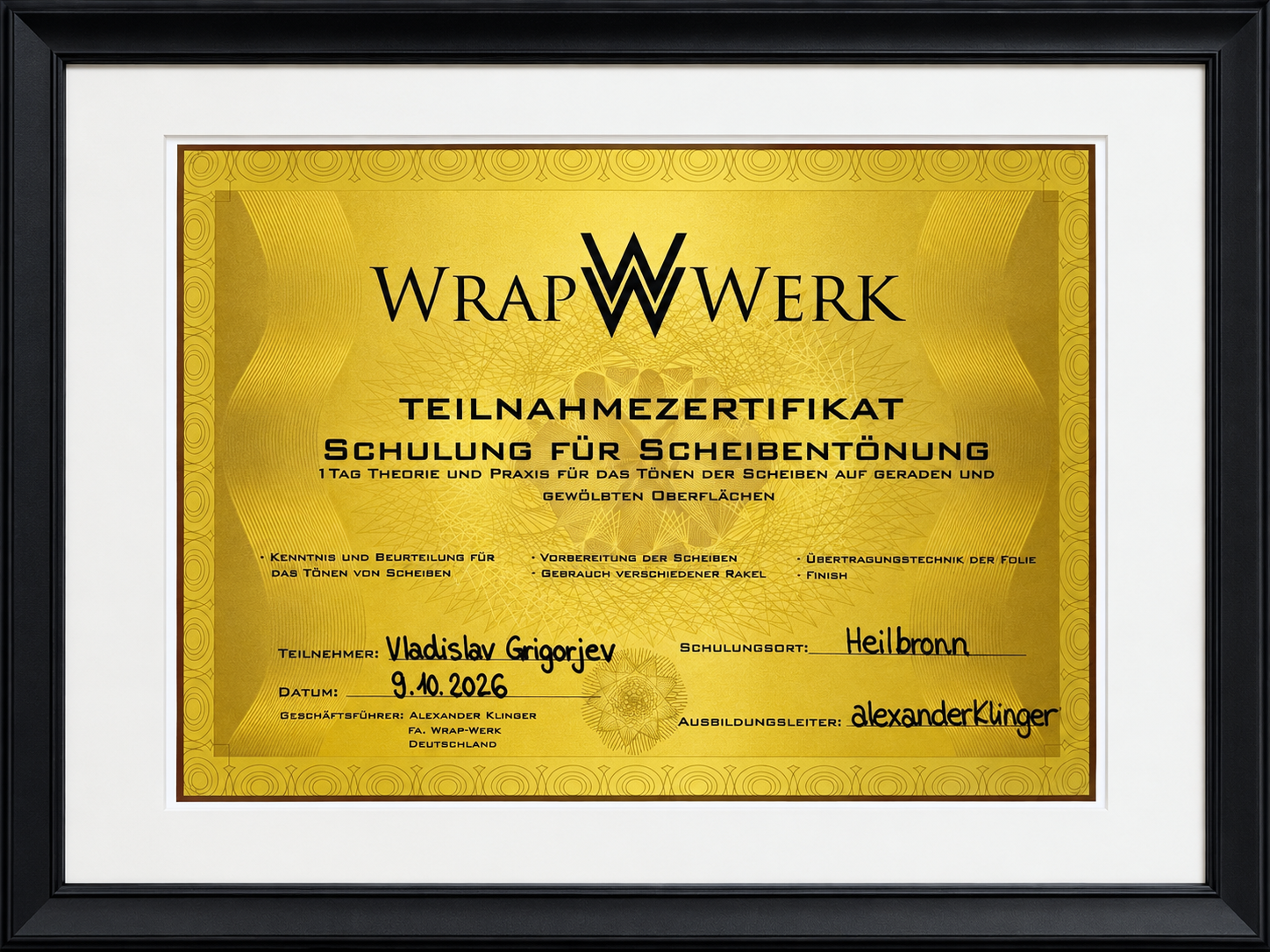 Teilnahmezertifikat WrapWerk Akademie: Schulung für Scheibentönung, Vladislav Grigorjev, 9.10.2026, Heilbronn